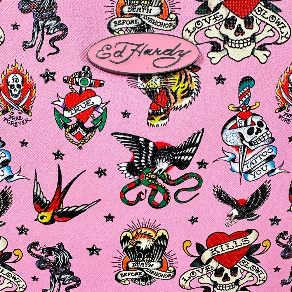Ed Hardy Pink Tattoo Print Makeup Bag Skulls Tigers Pouch‎ NWT